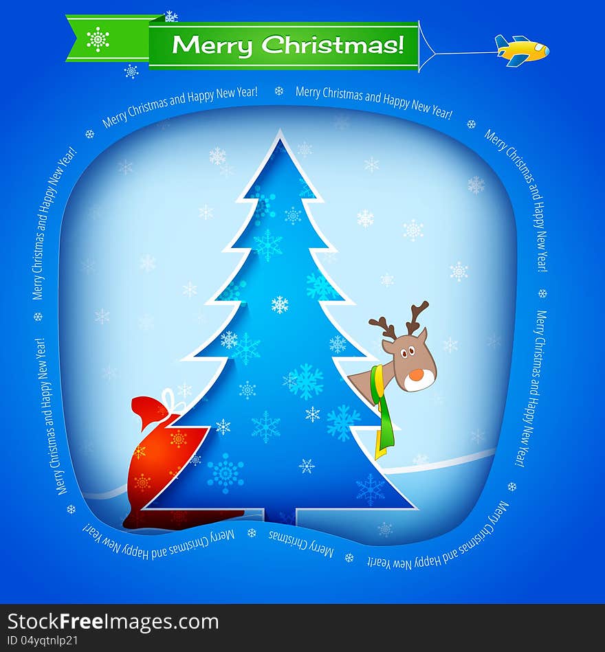 Vector blue christmas card, tree, funny deer and gifts