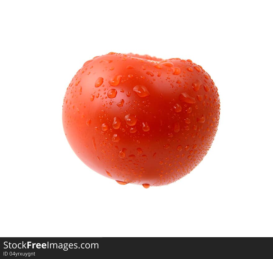 Tomato with drops on white background. Tomato with drops on white background