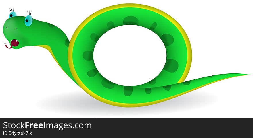 Funny green snake showing letter O by tail