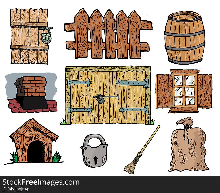 Set of hand drawn, illustration of vintage rural objects