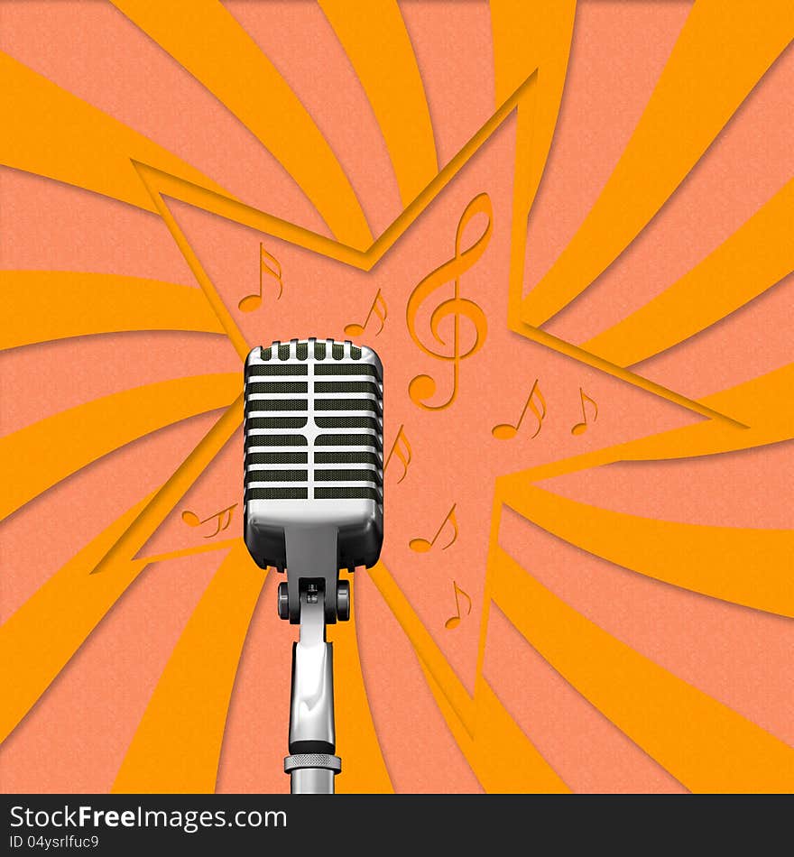 Illustration of vintage microphone on music stars recycled paper craft backgrund. Illustration of vintage microphone on music stars recycled paper craft backgrund.