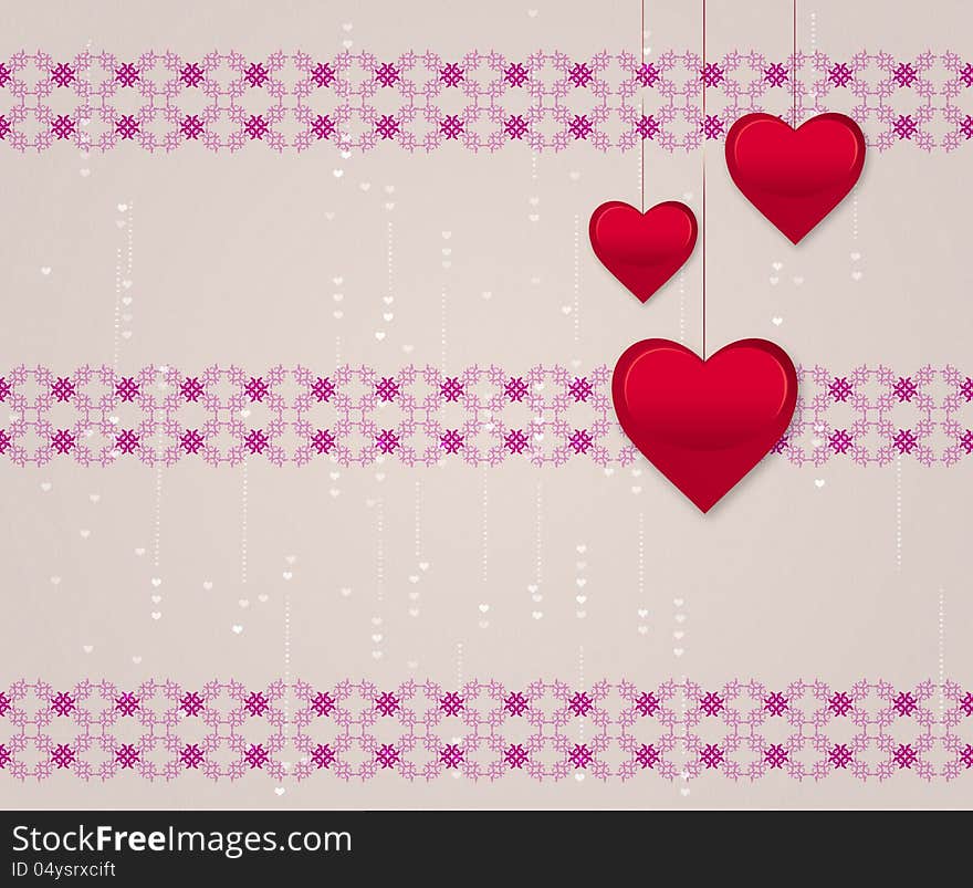 Illustration of red hearts on floral pattern texture background. Illustration of red hearts on floral pattern texture background.