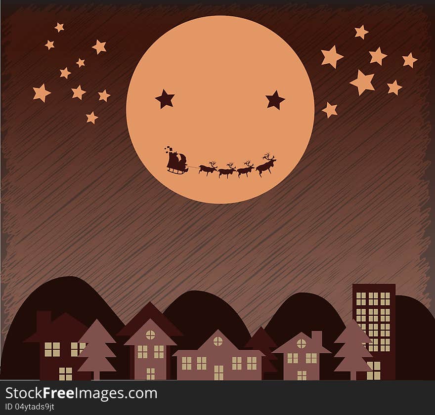 Santa Claus flying upper city beside Moon