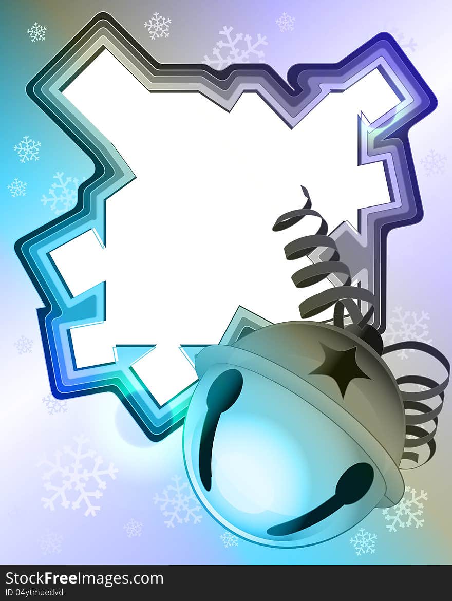 Blue winter frame with snowfall and jingle bell