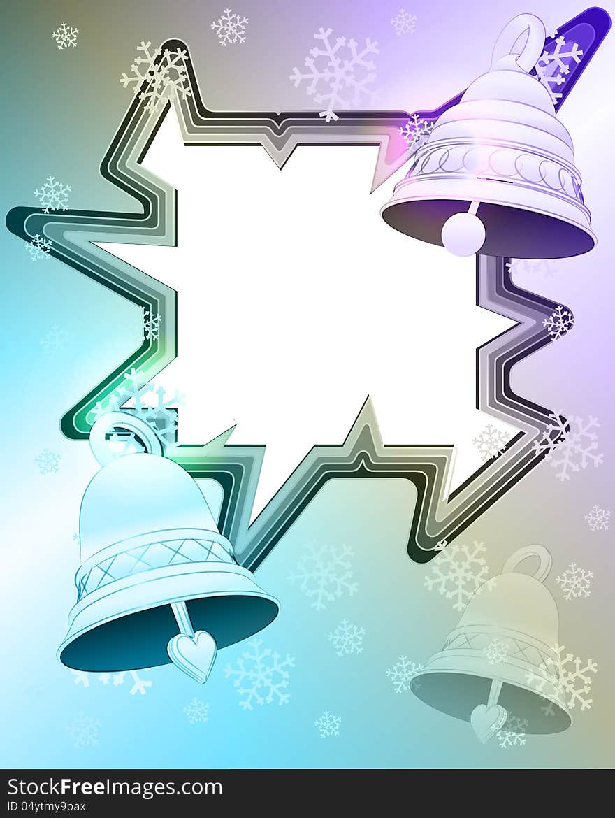 Magic blue shaded winter frame with snowfall and bells vector illustration. Magic blue shaded winter frame with snowfall and bells vector illustration