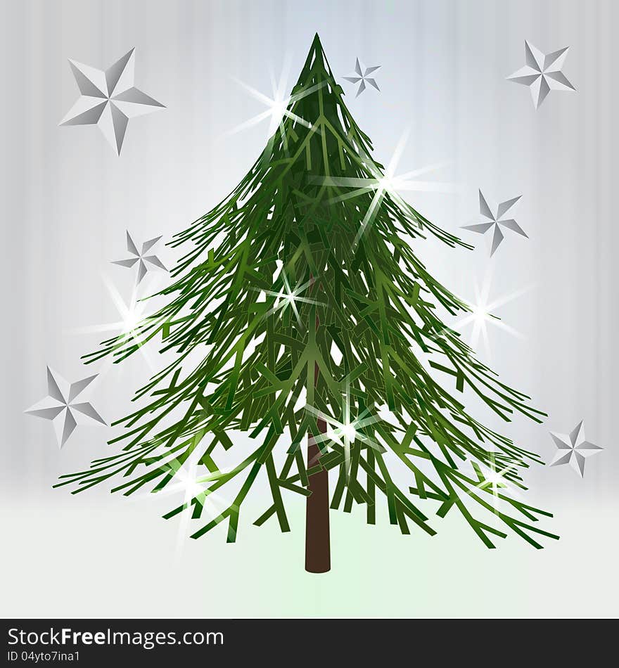 Green christmas classical tree with stars on grey background vector illustration