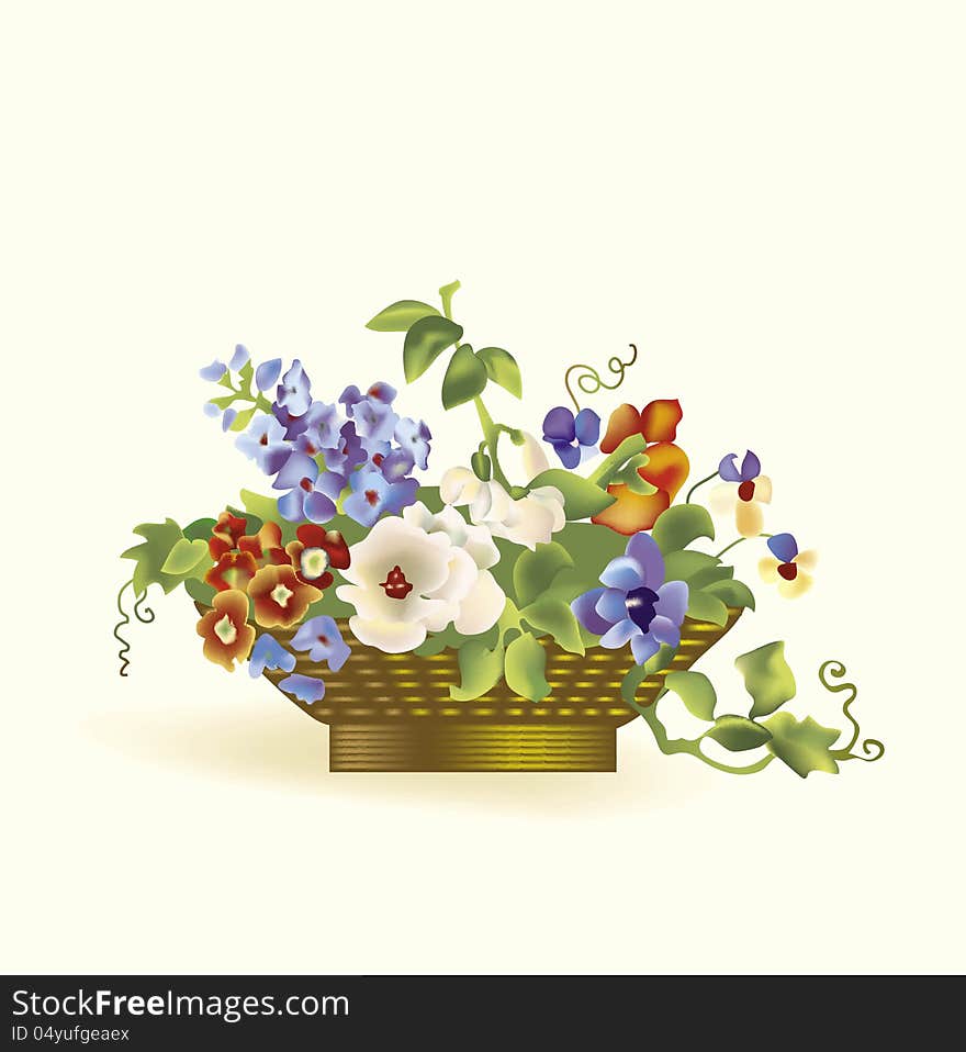 A basket with a bouquet of beautiful flowers on a beige background. A basket with a bouquet of beautiful flowers on a beige background