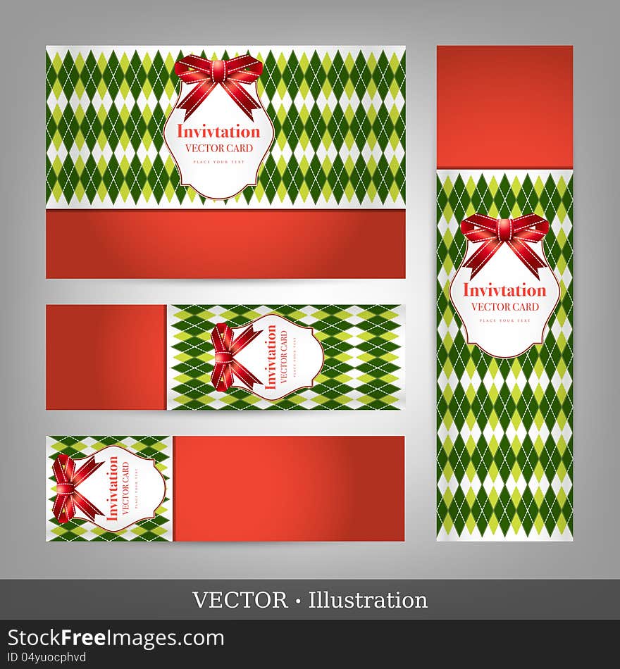Set of card with ribbons. Invitation for Christmas and New Year. Vector Illustration.