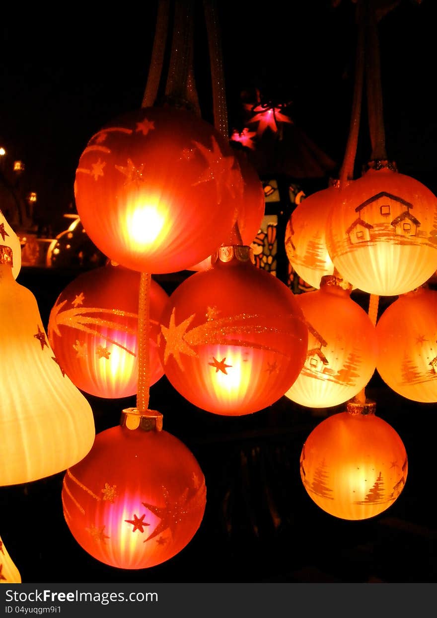 Illuminated Christmas ornaments for sale at the Weihnachtsmarkt in Annaberg, Germany.