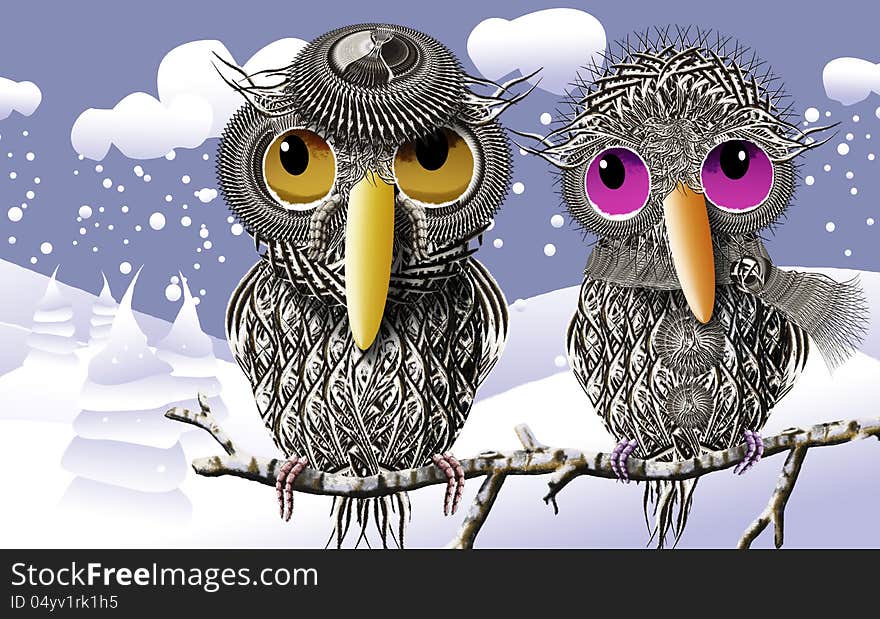 Lovebirds Keeping Warmth In Winter With Scarf and Hat