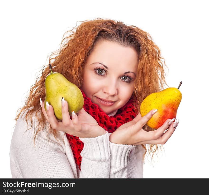 Red-haired girl with a pears isolated on white