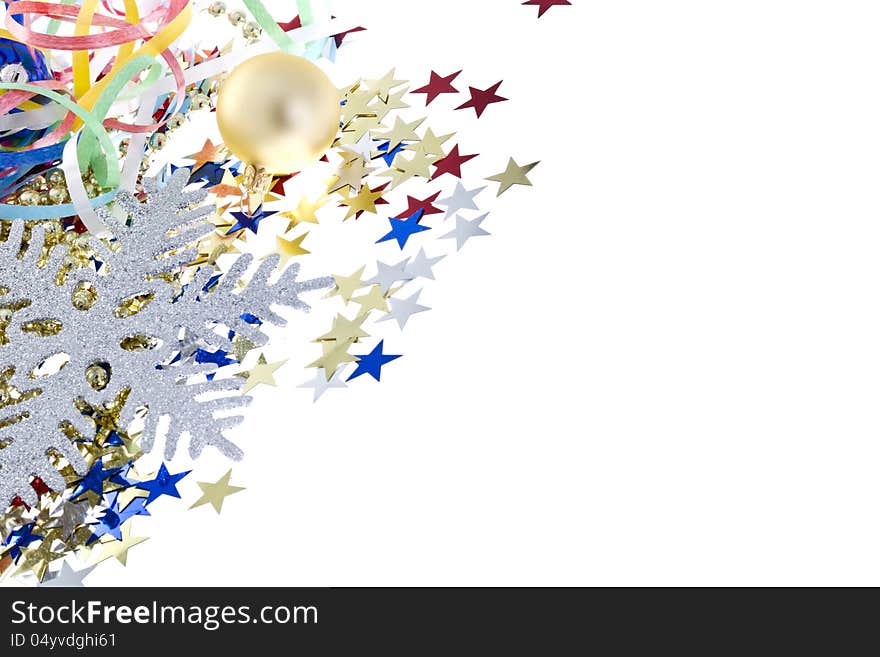 Christmas background with copy space includes: silver snowflake, star confetti and golden christmas ball. Isolated on white. Christmas background with copy space includes: silver snowflake, star confetti and golden christmas ball. Isolated on white.