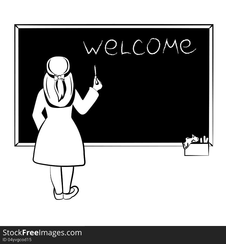 Small girl writing with chalk on schoolboard, outlined. Small girl writing with chalk on schoolboard, outlined