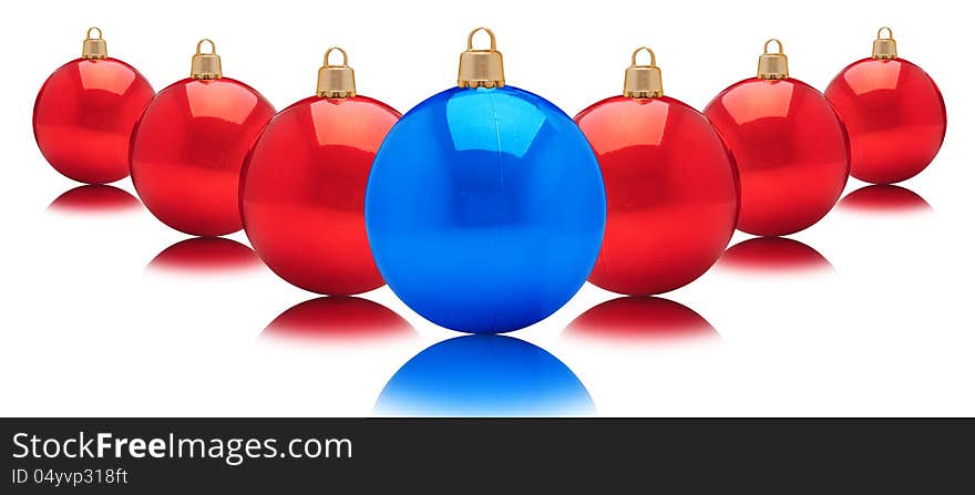 Blue bauble and red in perspective against white background. Blue bauble and red in perspective against white background.