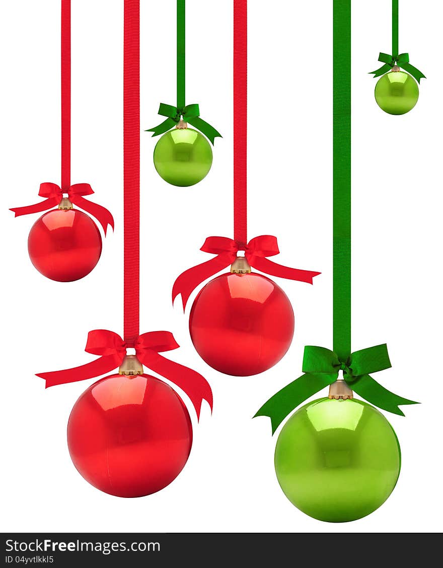 Baubles with ribbon against white background. Baubles with ribbon against white background.