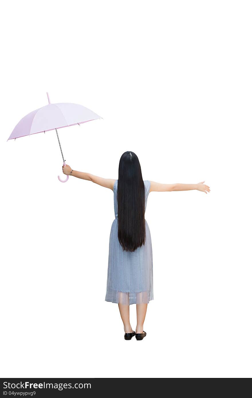 Full length, Rear view of young girl holding an umbrella, Isolated over white with clipping path