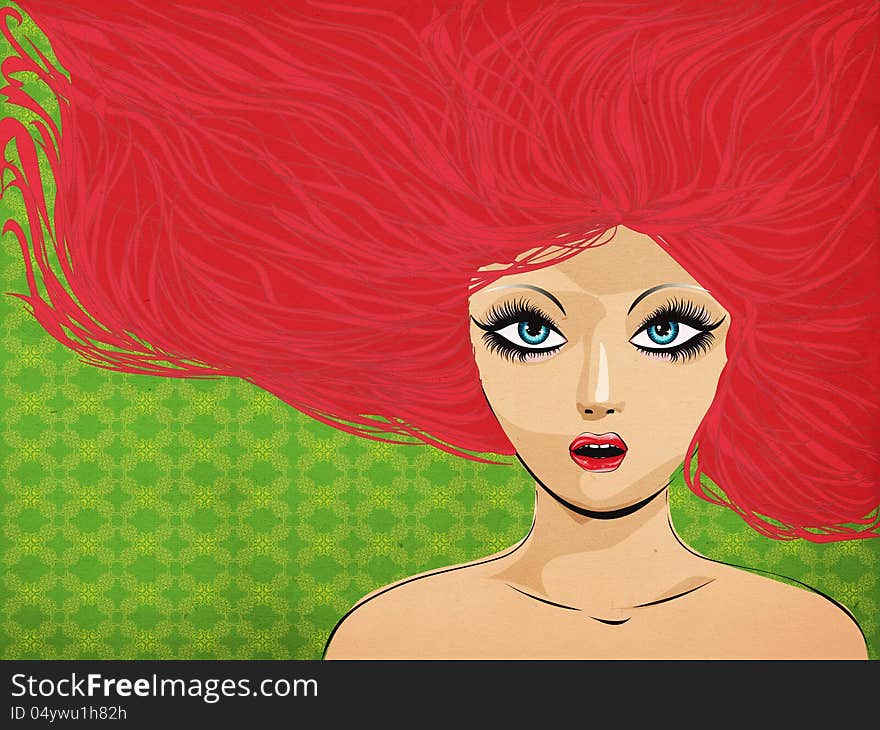 Illustration of a beautiful woman with blue eyes and red hair on green background. Illustration of a beautiful woman with blue eyes and red hair on green background.