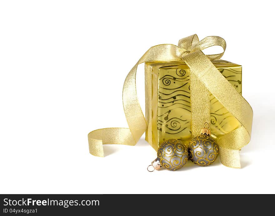 Gifts box with Christmas balls isolated on white