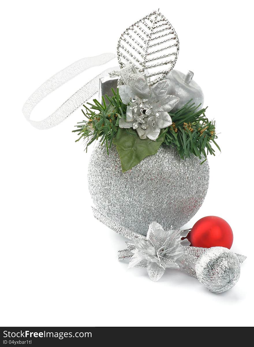 Silver and Red Christmas Baubles with Green Decoration Elements and Ribbons isolated on white background