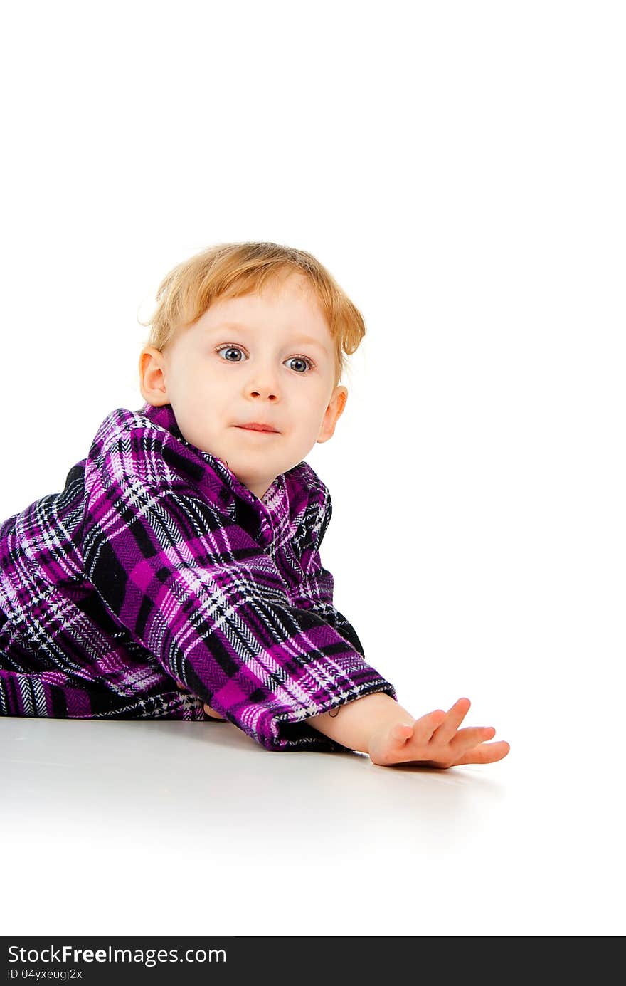 A little girl plays, look out  on white background