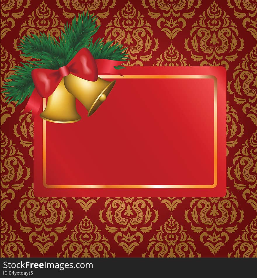 Christmas card with gold bells and tree branch