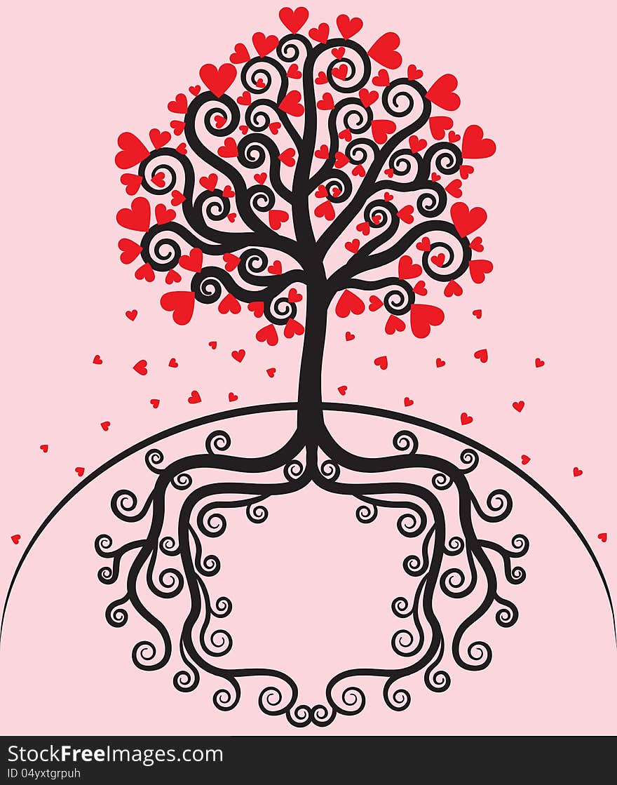 Tree with leaves shaped heart. Valentines day card