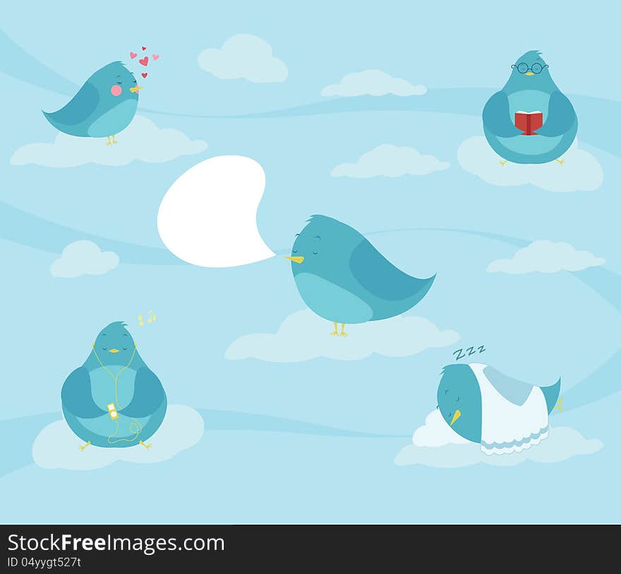 Light Blue social birds, reading, sleeping, listening to music, tweeting, loving