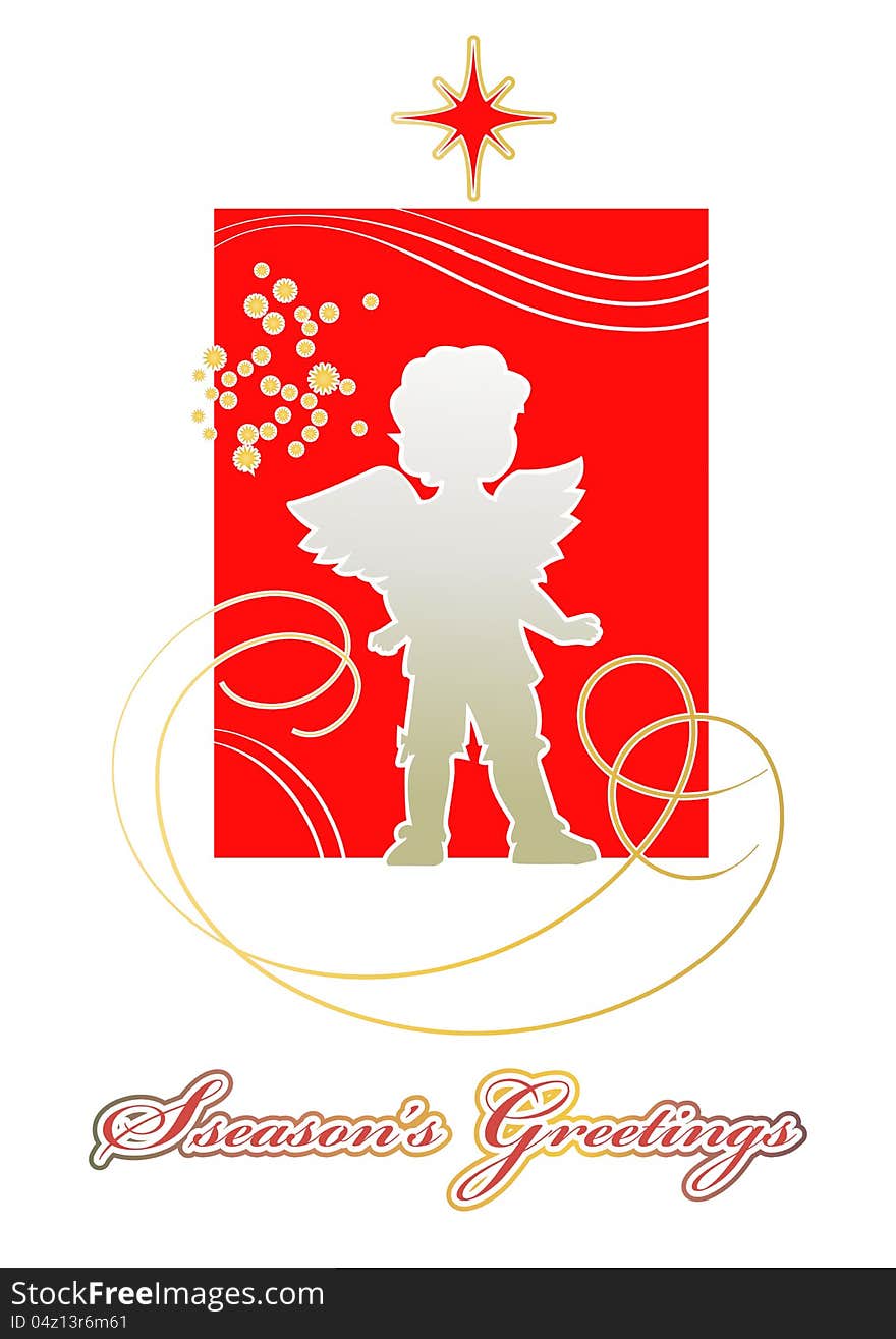 Golden silhouette of the little angel on a scarlet background for Christmas card. Golden silhouette of the little angel on a scarlet background for Christmas card