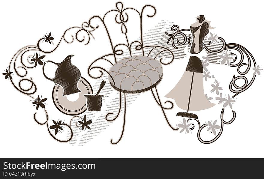 Set of vintage items: an old chair, a woman's dress on a mannequin, silhouette jug and decorative garland of flowers