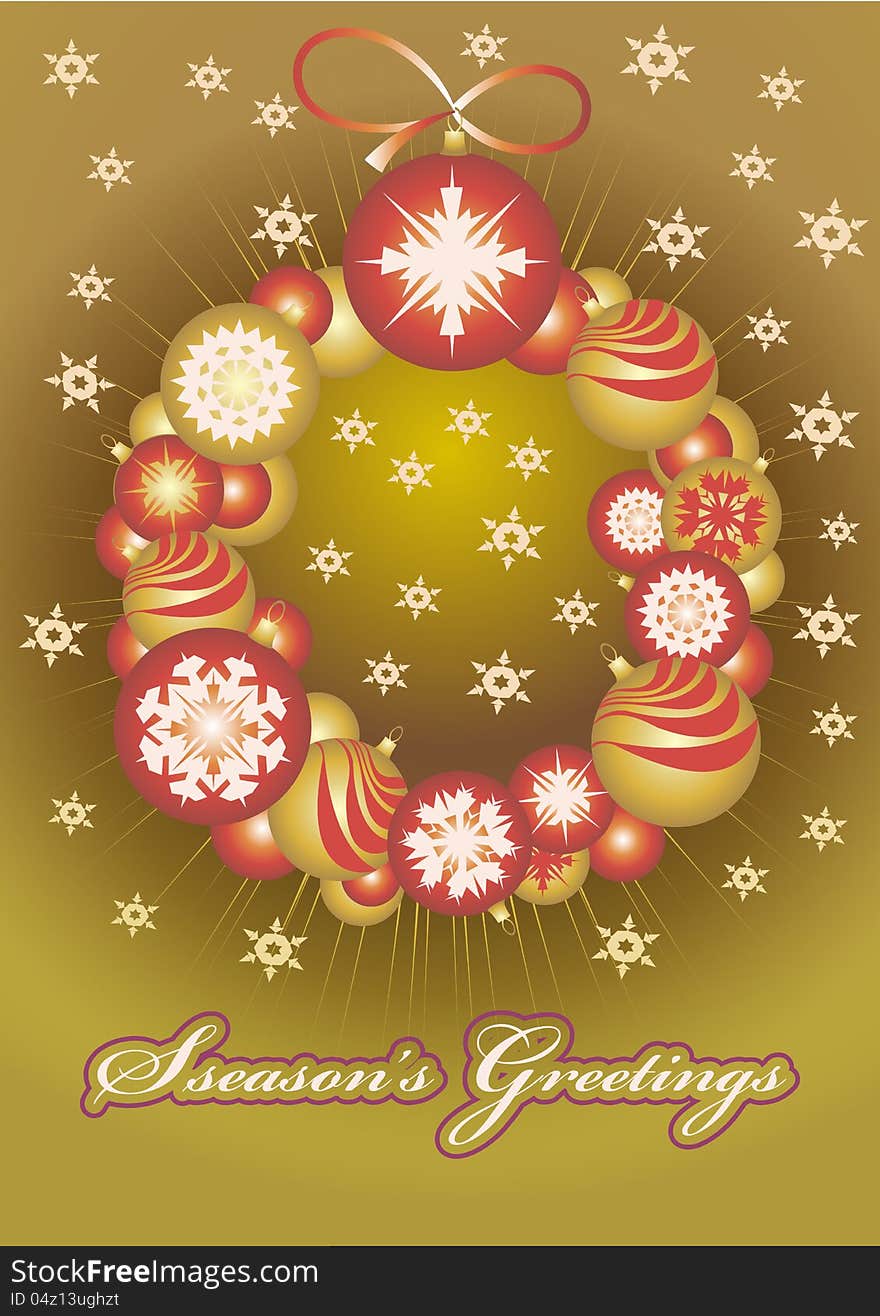 Wreath made â€‹â€‹of Christmas gold balls on a gold background for card. Wreath made â€‹â€‹of Christmas gold balls on a gold background for card