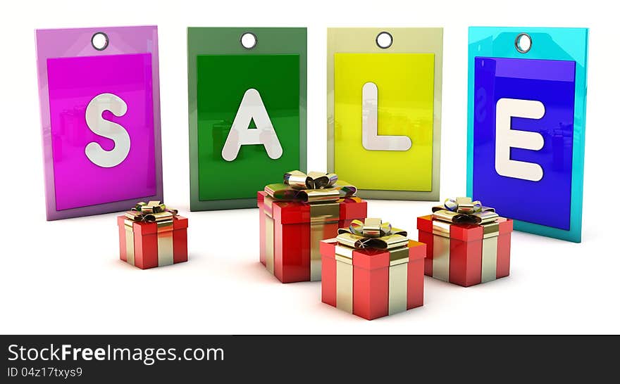 Sale colour tags in 3d on white background with gift boxes. Sale colour tags in 3d on white background with gift boxes