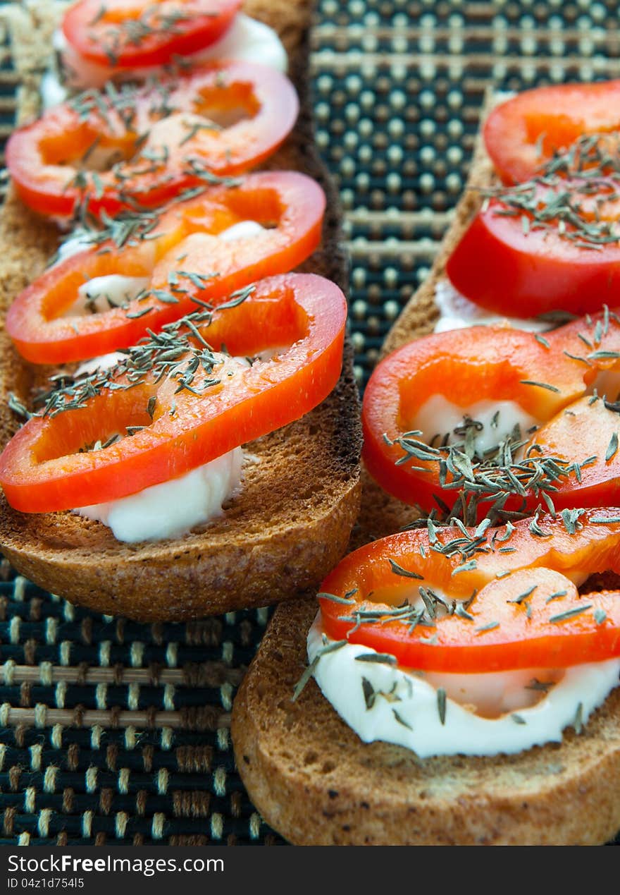 Bruschetta with red pepper and cheese. Bruschetta with red pepper and cheese