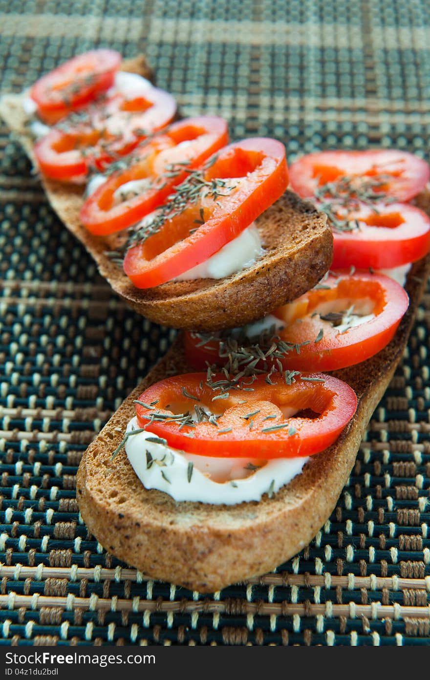 Bruschetta with oregano, cheese and red pepper. Bruschetta with oregano, cheese and red pepper