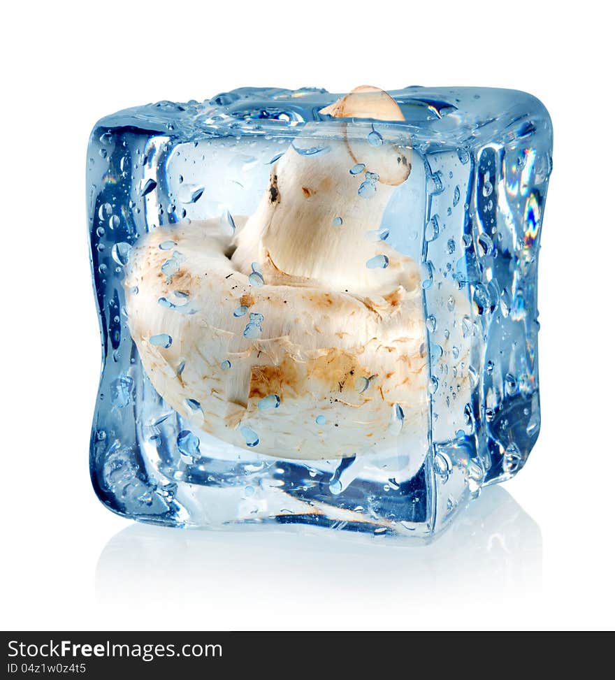 Ice cube and champignon isolated on a white background