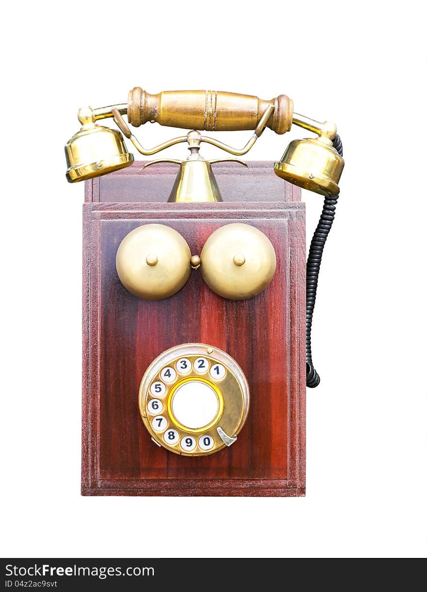 Antique wooden telephone isolated on white background