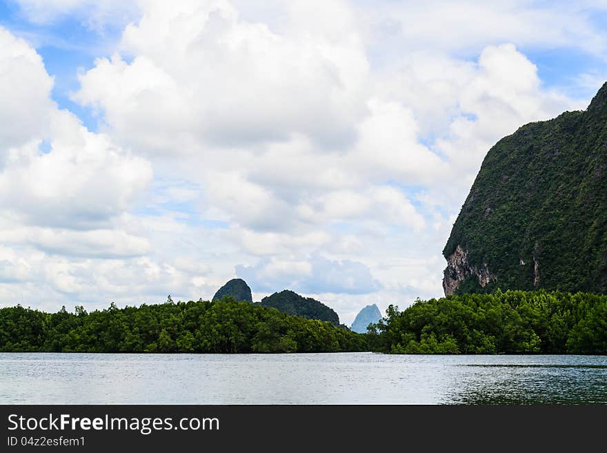 View of phang nga bay with cloudy sky