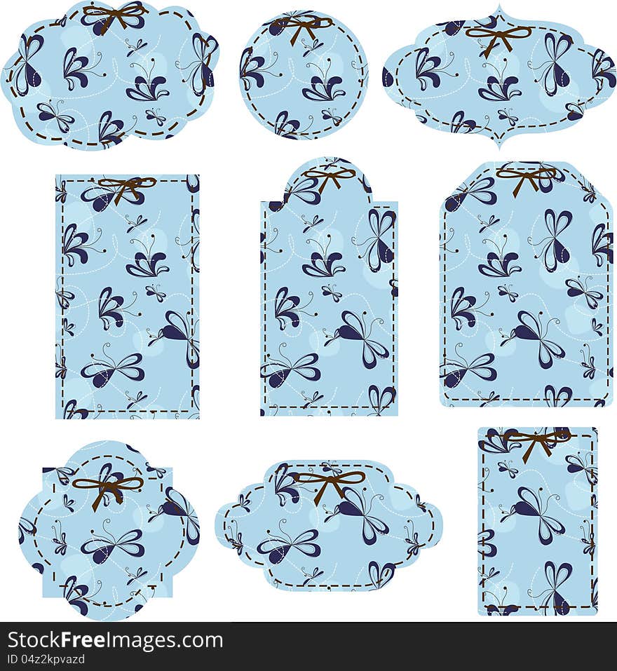 Vector set of blue tags with abstract floral pattern