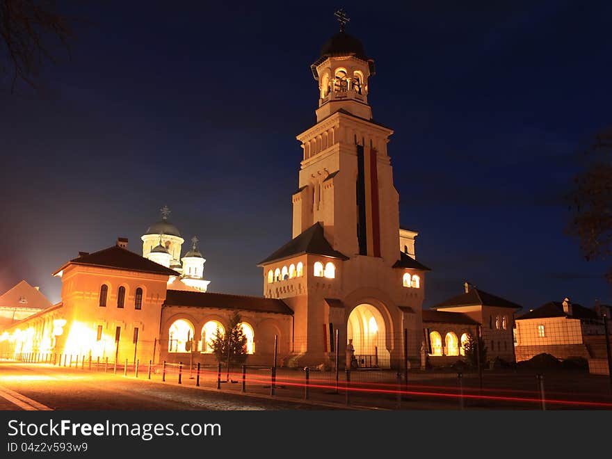 Alba Iulia during the National Day festival, with the main plaza of the Archiepiscopal Cathedral under construction. HDR image during night time. Alba Iulia during the National Day festival, with the main plaza of the Archiepiscopal Cathedral under construction. HDR image during night time.