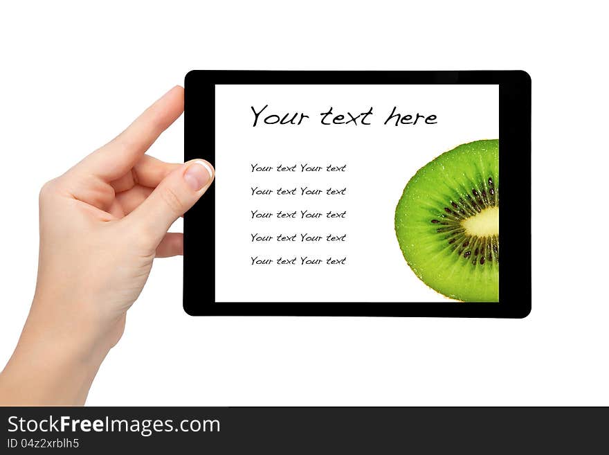 Woman hand hold a mini tablet with kiwi