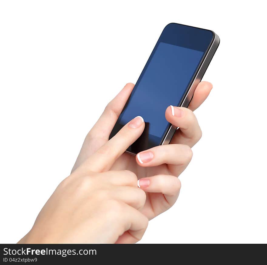 Female hands holding a phone and touches the screen