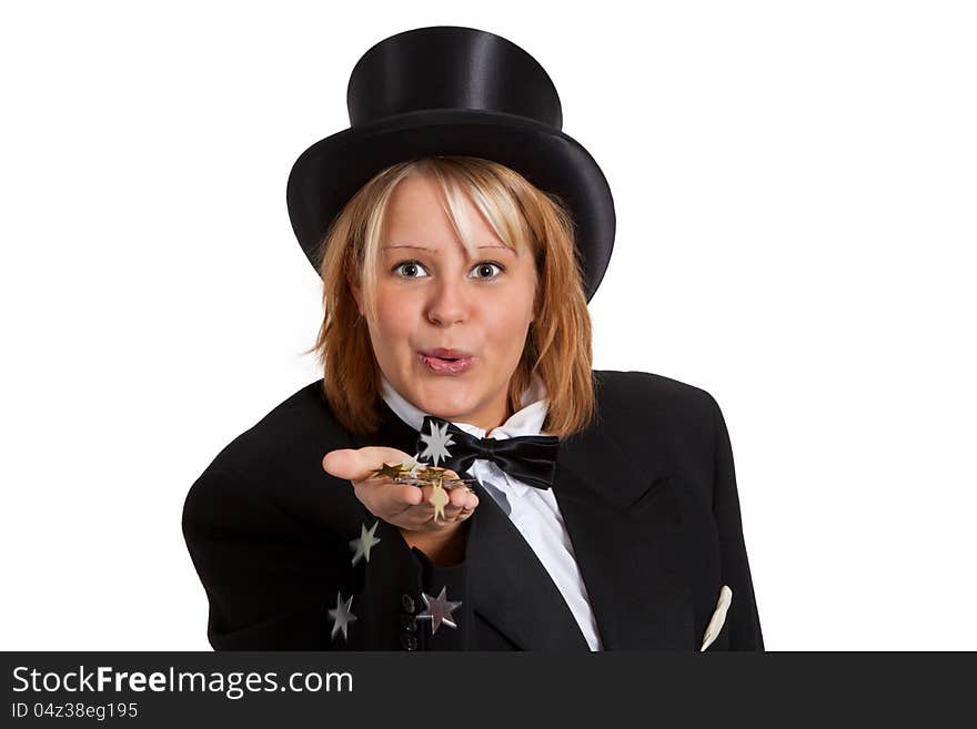 Young woman with tailcoat and stovepipe hat - isolated. Young woman with tailcoat and stovepipe hat - isolated