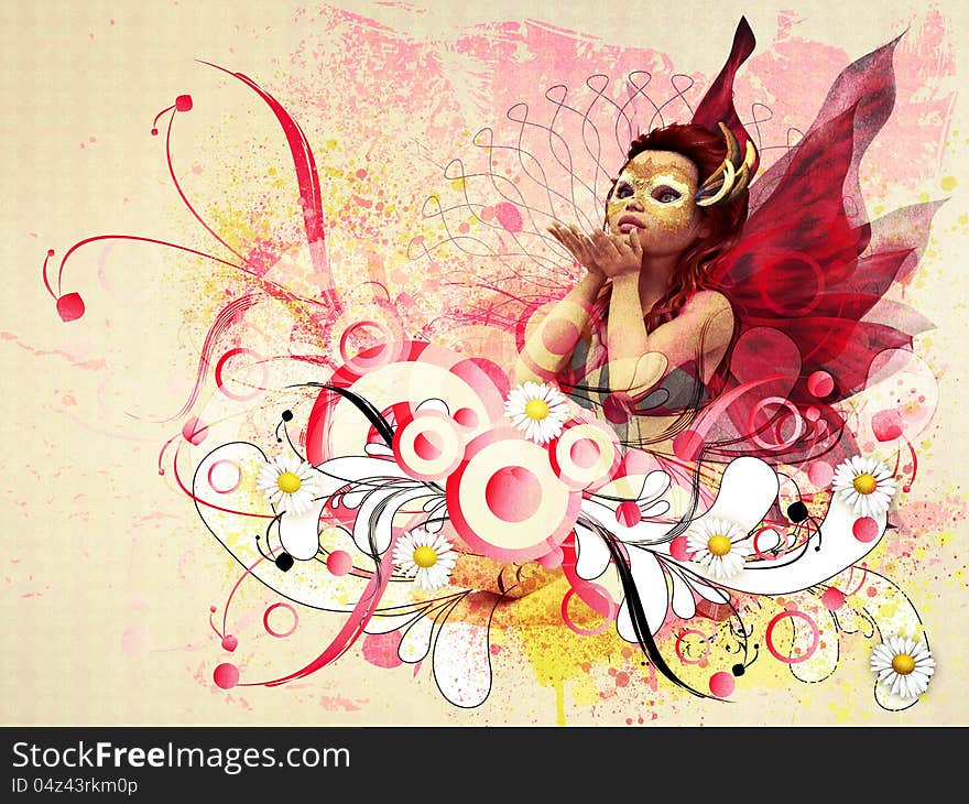 Abstract illustration of girl with wings on floral ornament background. Abstract illustration of girl with wings on floral ornament background.