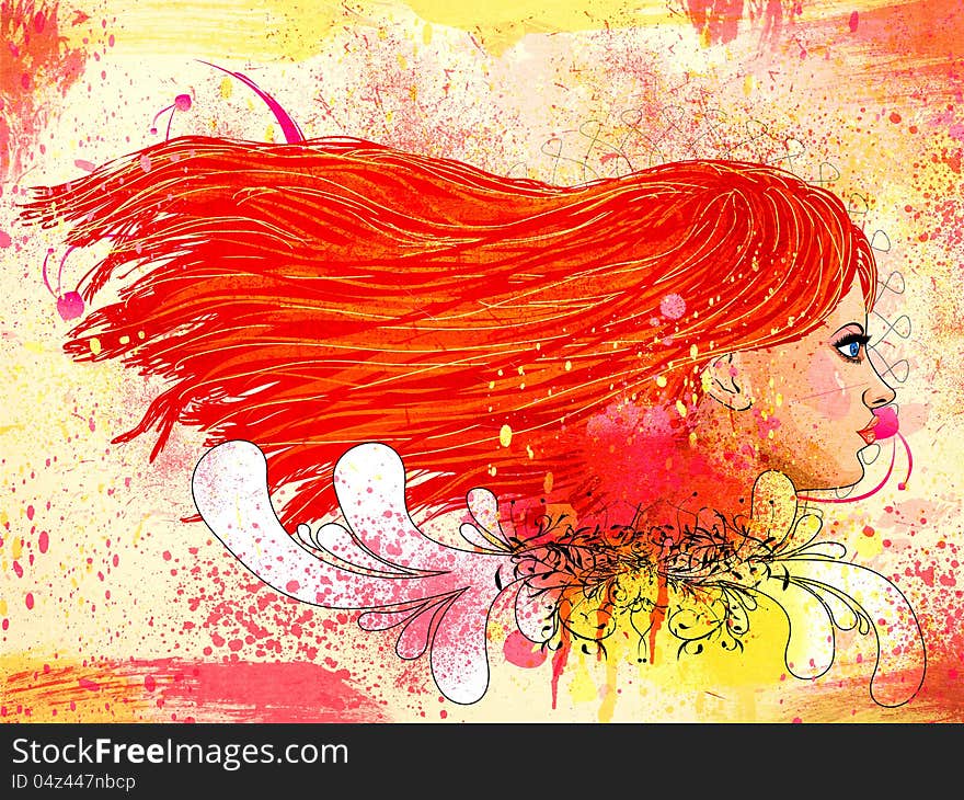 Illustration of grunge creative fashion portrait of girl with red hair and floral. Illustration of grunge creative fashion portrait of girl with red hair and floral.