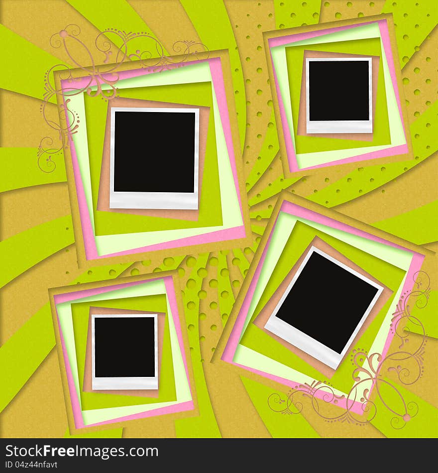 Illustration of abstract colorful paper craft background with vintage photo cards.