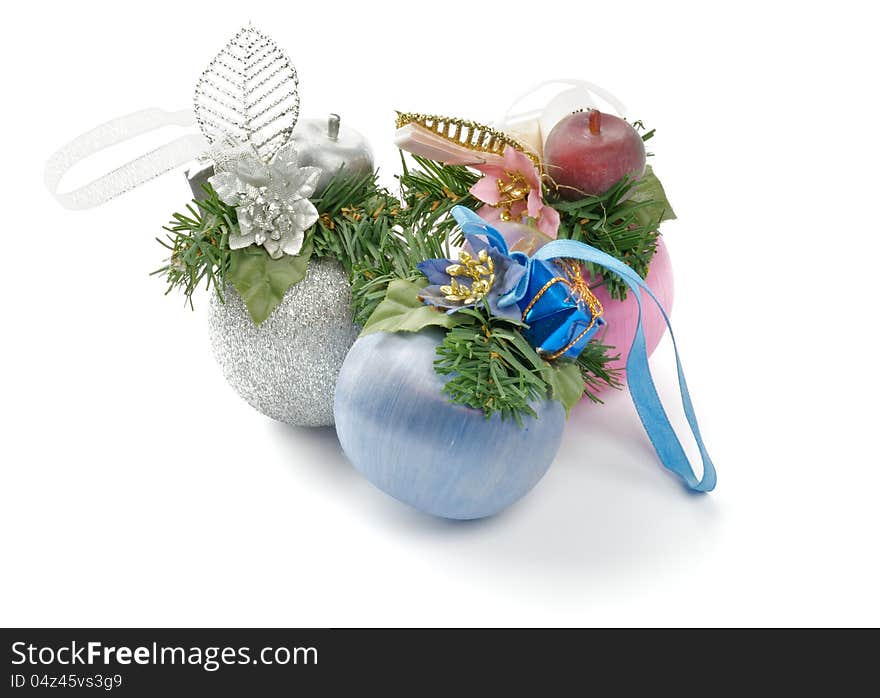 Silver, Blue and Pink Christmas Baubles with Green Decoration Elements and Ribbons isolated on white background. Silver, Blue and Pink Christmas Baubles with Green Decoration Elements and Ribbons isolated on white background