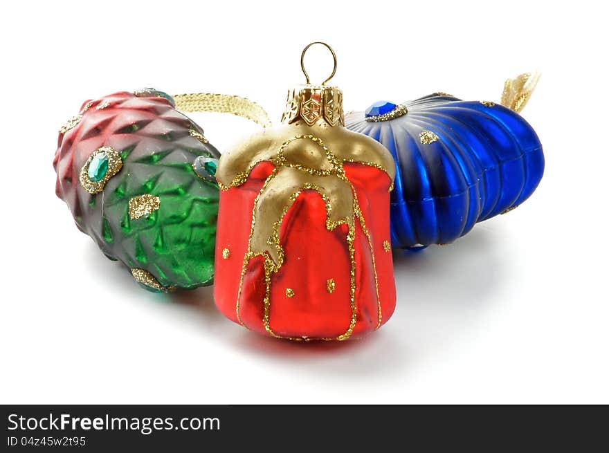 Christmas Decorations with Red Gift Box Ball, Decorative Strobile and Blue Star isolated on white background