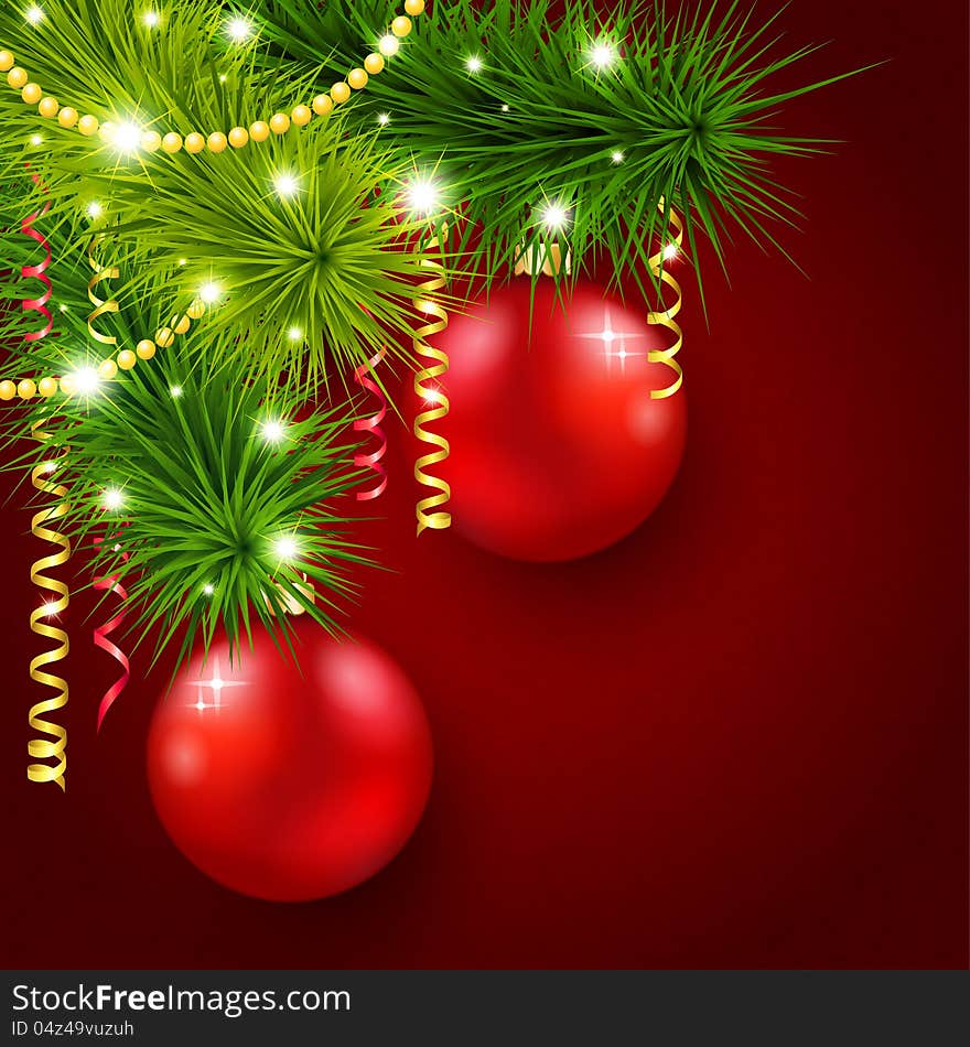 Vector illustration with a Christmas tree decorated with red balls. Vector illustration with a Christmas tree decorated with red balls