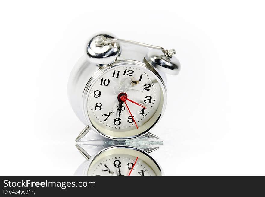 Alarm clock out of order on white background