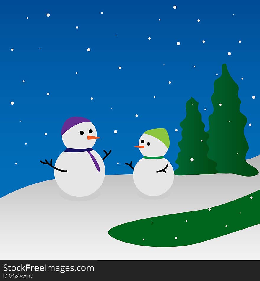 Christmas card with trees and snowmen