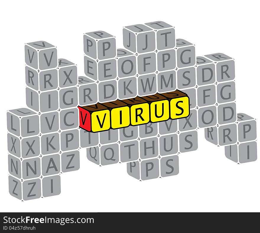 Illustration of word virus using alphabet cubes. The graphic can represent concepts like virus attack, need for spyware, anti virus protection, online security, etc.